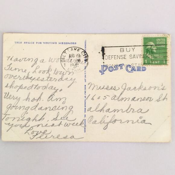 Main Street at Night Salt Lake City Utah 1930s Linen Postcard 1941 UT PC - Picture 2 of 2